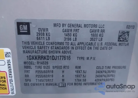 2013 GMC Acadia Slt-1 из США, поврежденный, VIN 1GKKRRKD1DJ177616